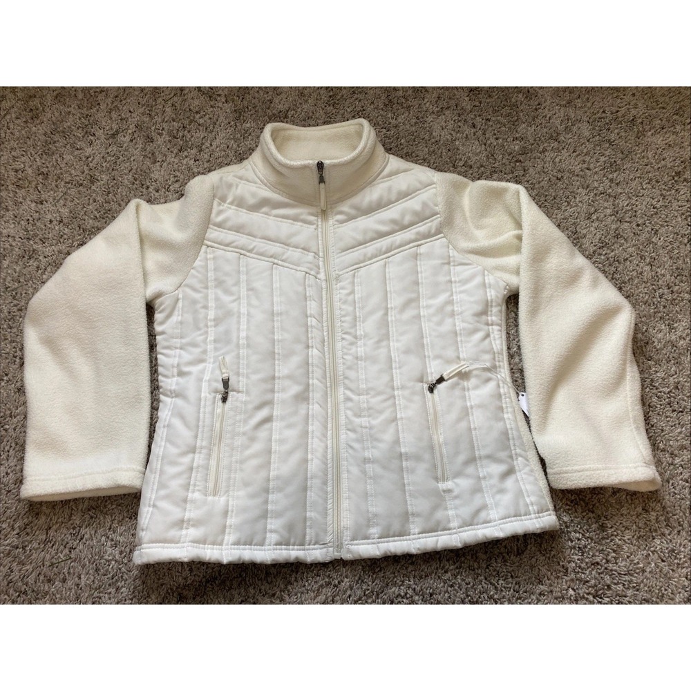 Effeci Creazioni Womens Cream Hybrid Quilted Fleece Zip Up Jacket Sz L Mock Neck